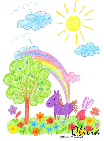 „Buntes Kinderbild mit Baum, Regenbogen, Sonne, Wolken, Blumenwiese, lila Pferd und Hase, unten rechts personalisiert mit Name ‚Olivia‘ und Datum ‚Kelheim, 15.05.2024‘